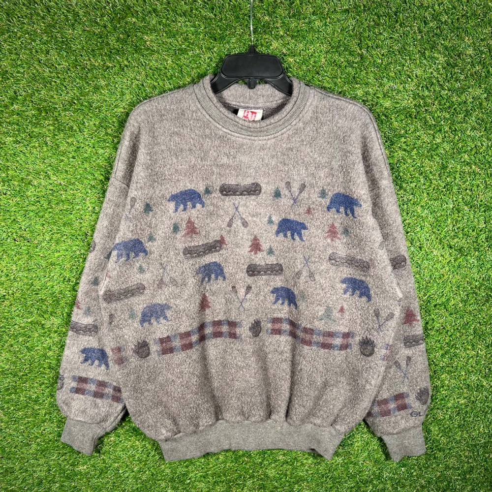 Vintage Art Unlimited Sportswear Bear Canoe Fleece‎ Sweatshirt Grey Mens Large